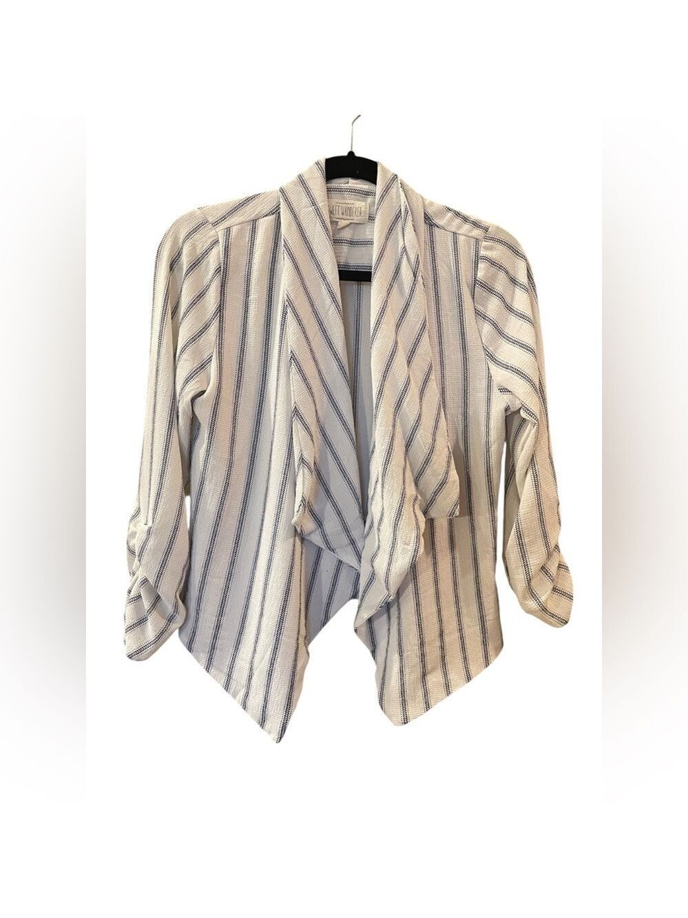 Sweet Wanderer White and Blue Striped Open-Front Waterfall Cardigan Size: Large